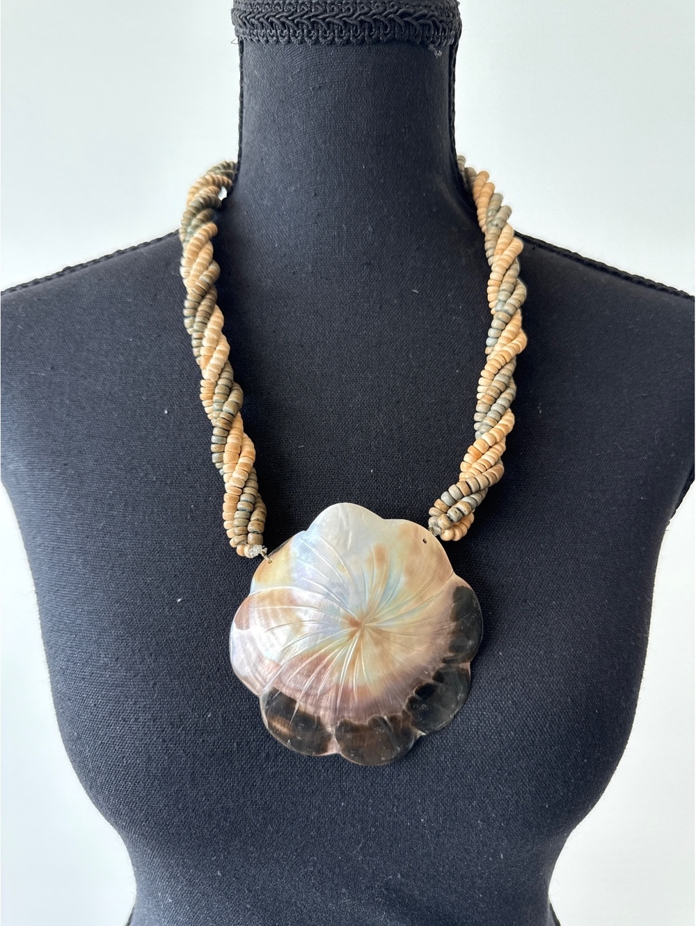 Vintage Mother of Pearl Shell Pendant Necklace Twisted Heshi Bead 24 Inch